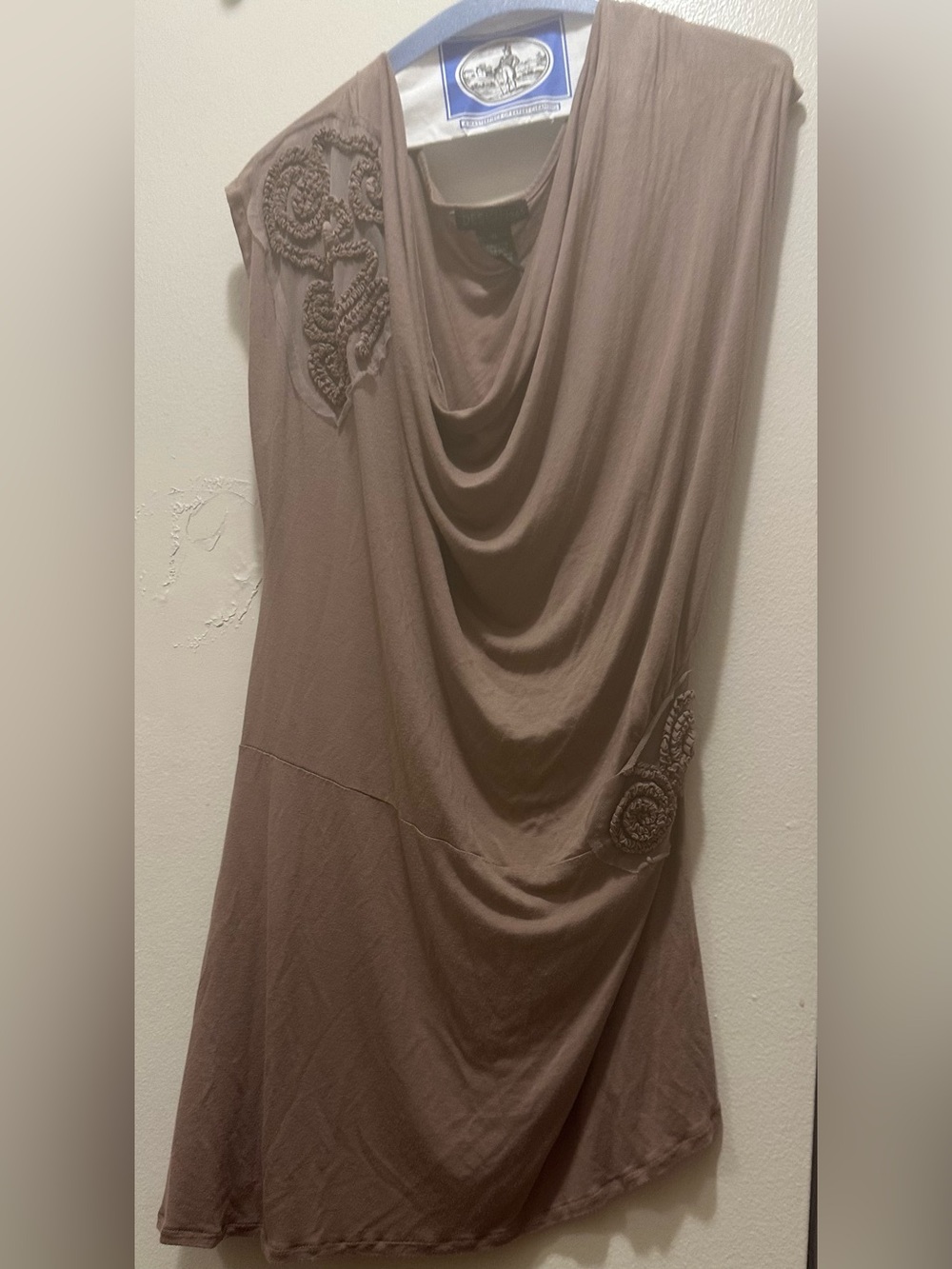 Sleeveless Taupe Cowl Neck Dress with Crochet Details